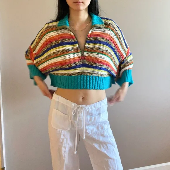 Free people crochet quarter zip sweater rainbow - Picture 2 of 9